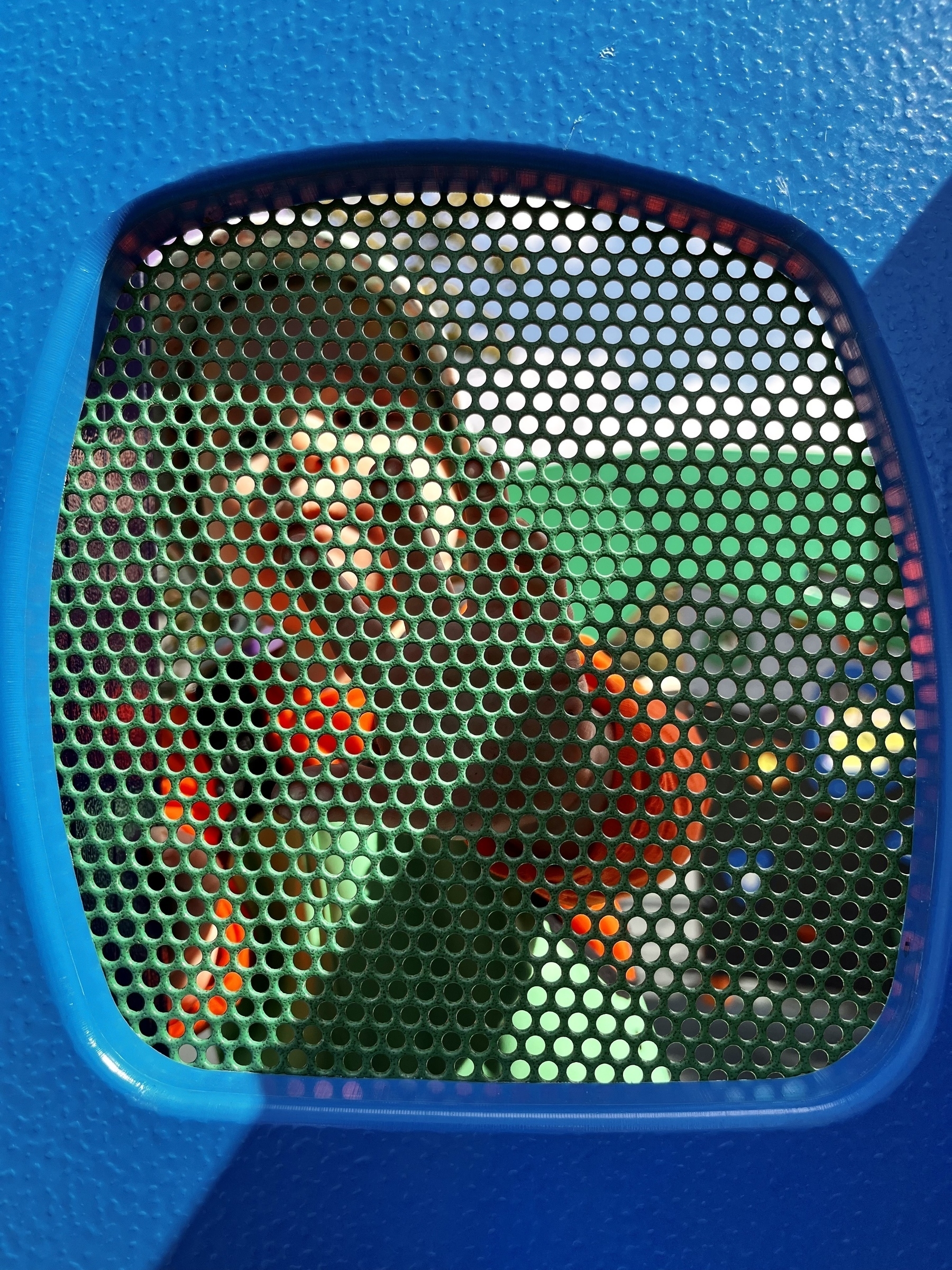 A baby through hazy mesh on play equipment