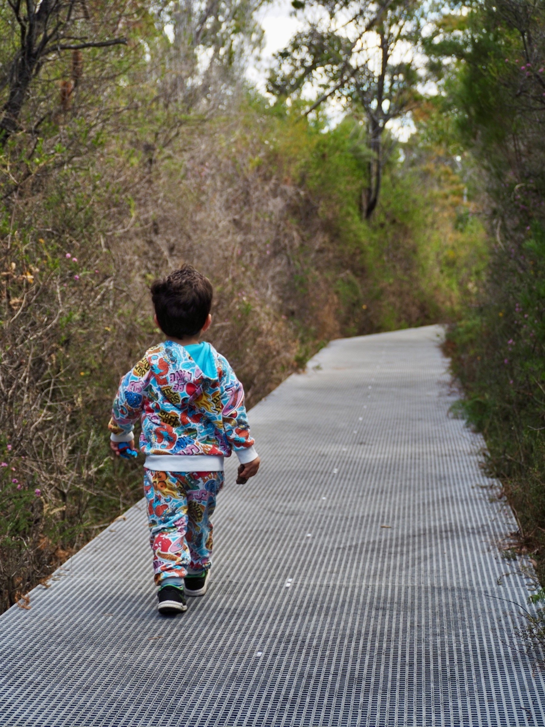 A young boy follows a man-made path through bushland.