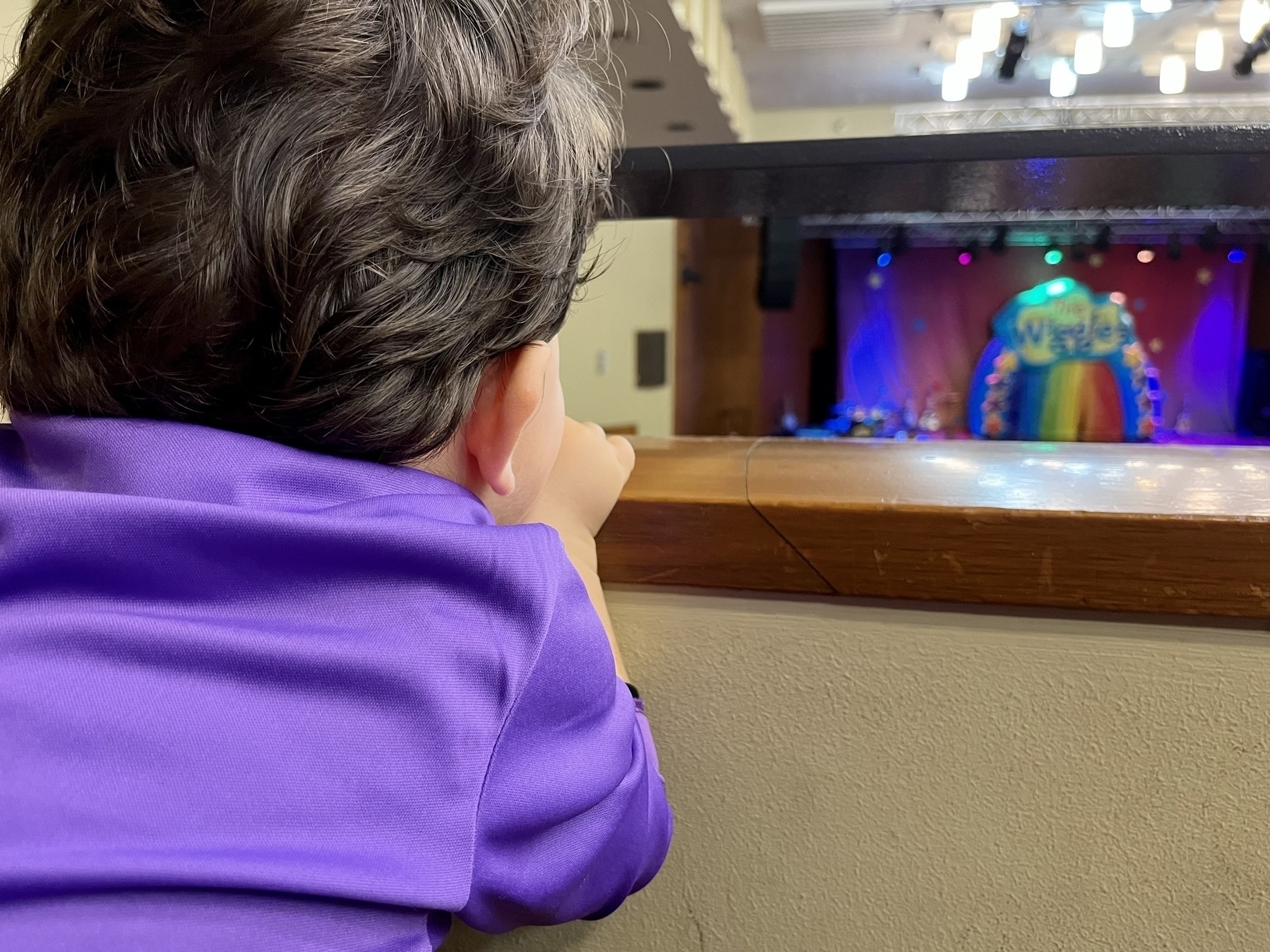 A toddler in a purple skivvy peers over a railing at the stage in a theatre, with a blurred Wiggles logo in the distance.