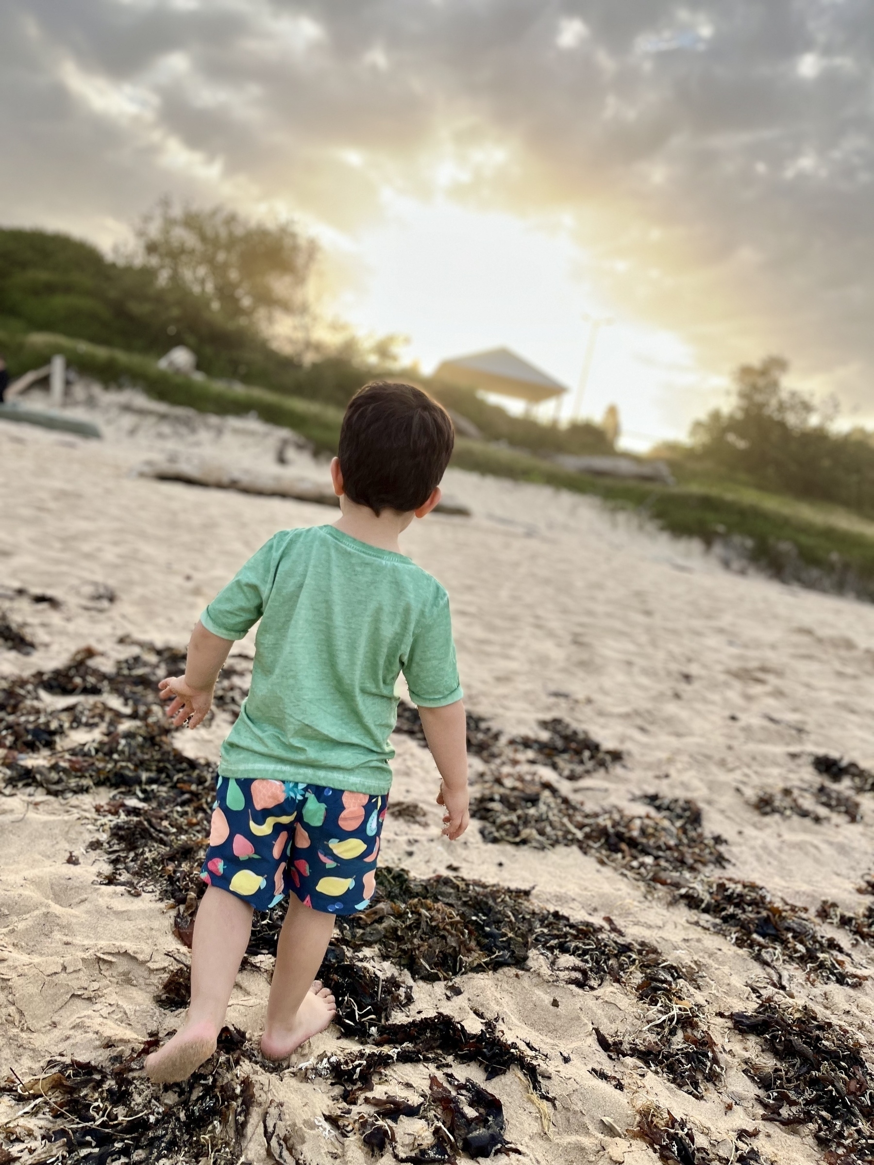 A young child walks up a sand dune towards a grassy hill with a sunset in the distance.