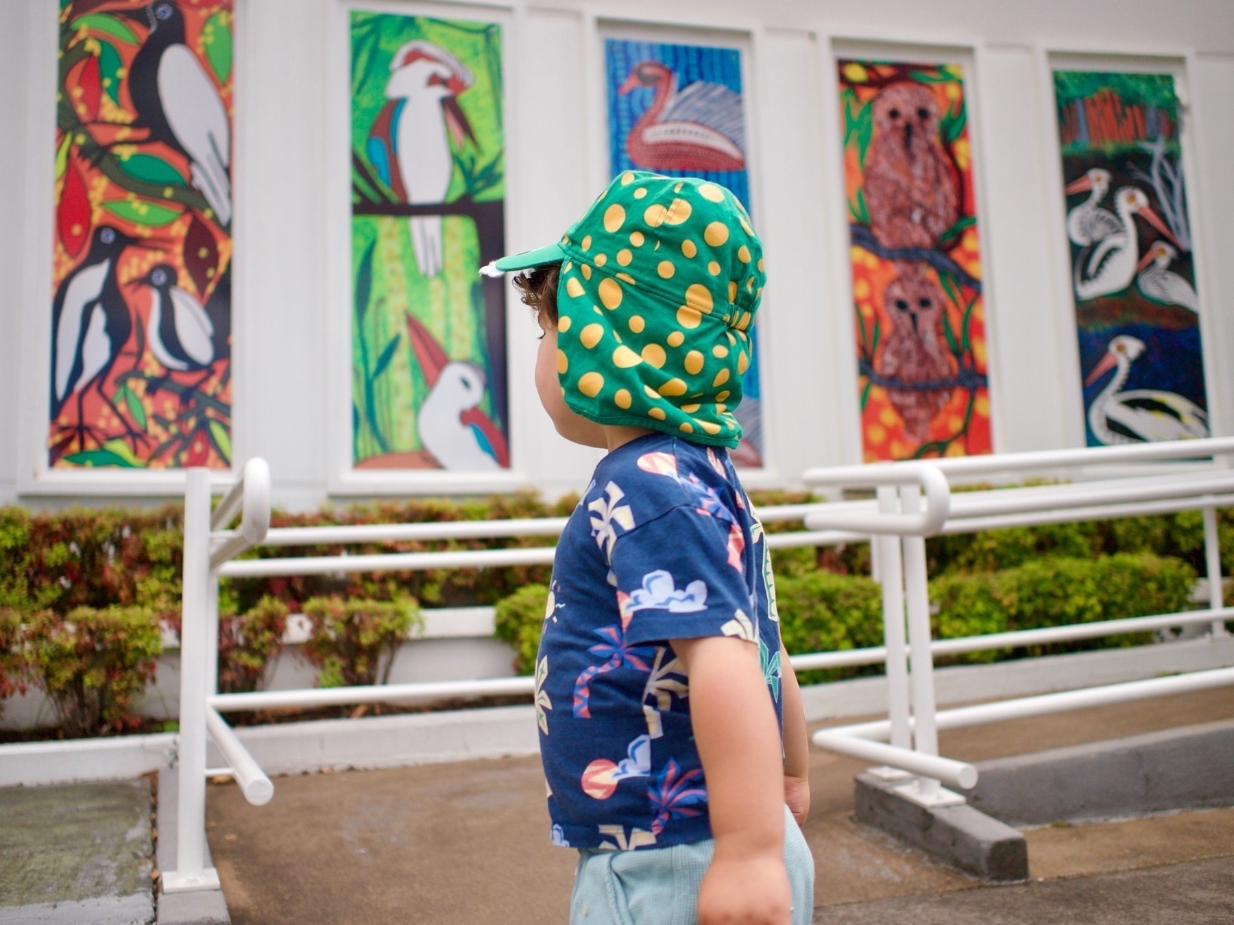 A toddler with a Dorothy the Dinosaur hat stands in front of murals at Wollongong Art Gallery