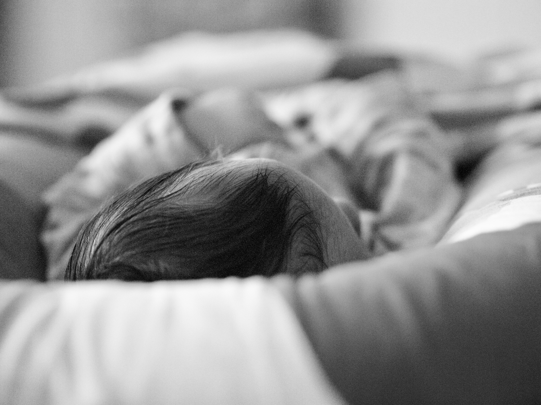 A close-up black-and-white shot of a baby from behind, as they sleep in a portable bed