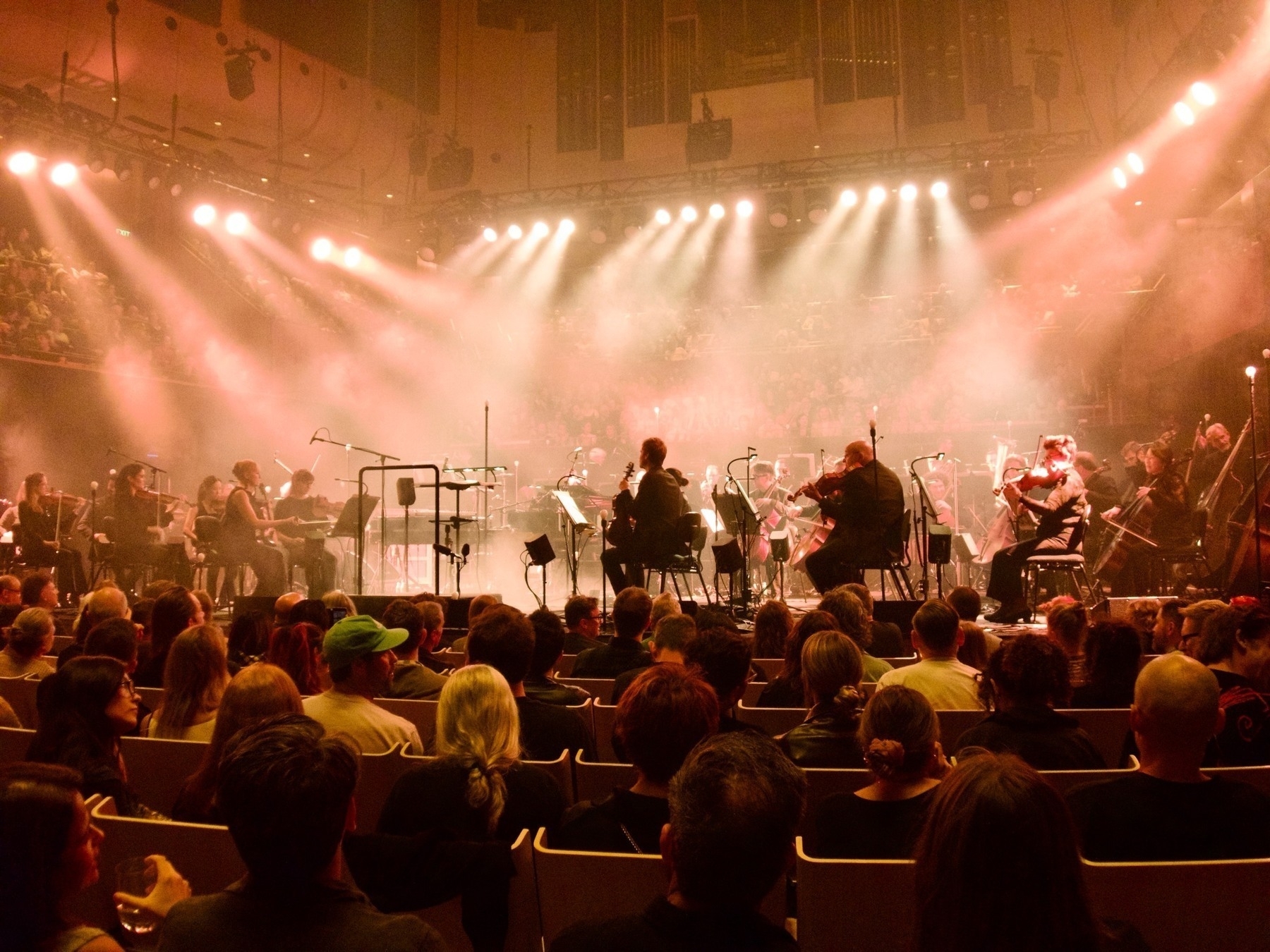 A wide shot of the Sydney Symphony Orchestra onstage, with overhead lights and audience in the foreground and background