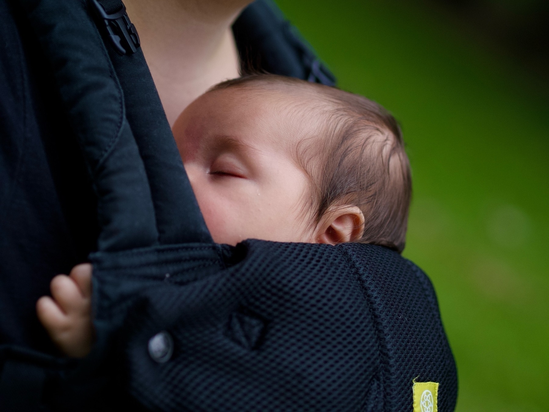 A close-up of a baby's obscured face in a carrier